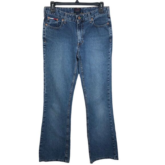 Vintage Y2K Tommy Hilfiger Euro Flare Blue Jeans Denim Big Logo Patch Size 27 - Picture 1 of 9